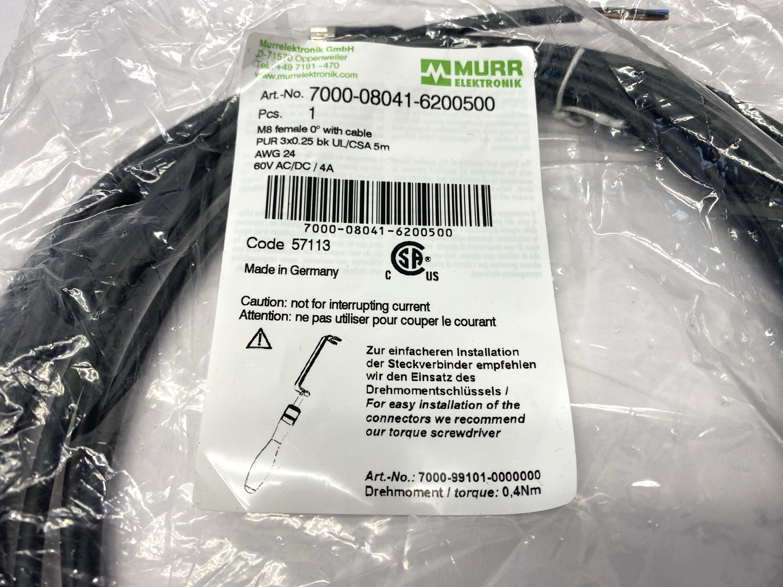 Murr Elektronik 7000-08041-6200500 Single Ended Cable Female Connector M8 5m - Maverick Industrial Sales