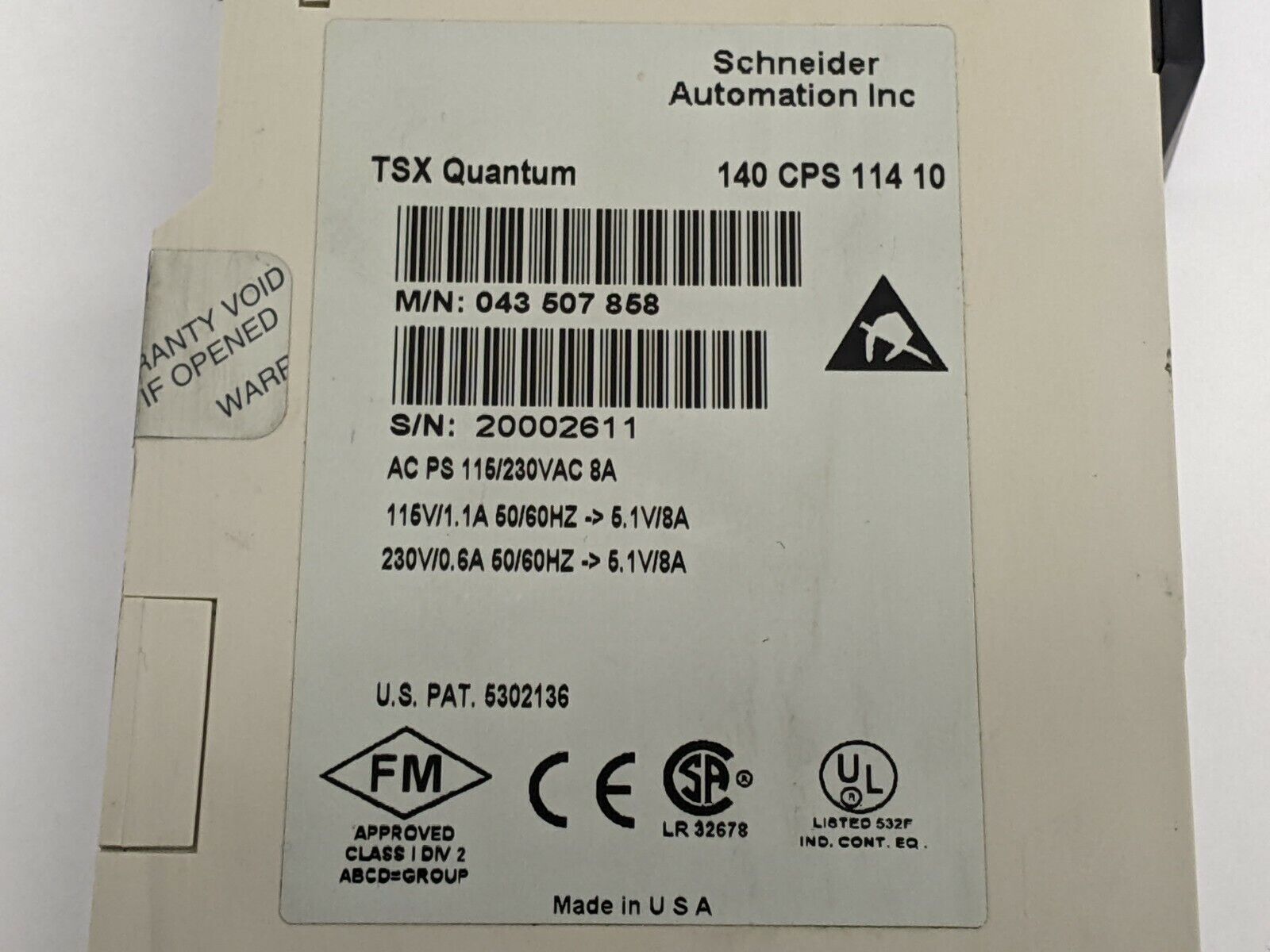 Schneider 140 CPS 114 10 Power Supply TSX Quantum 043507858 115/230 VAC - Maverick Industrial Sales