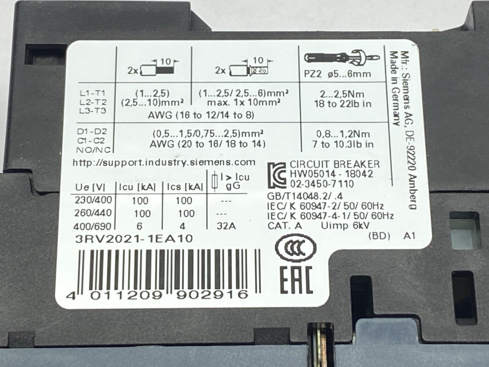 Siemens 3RV2021-1EA10 SIRIUS Circuit Breaker For Motor Protection Size S00 - Maverick Industrial Sales