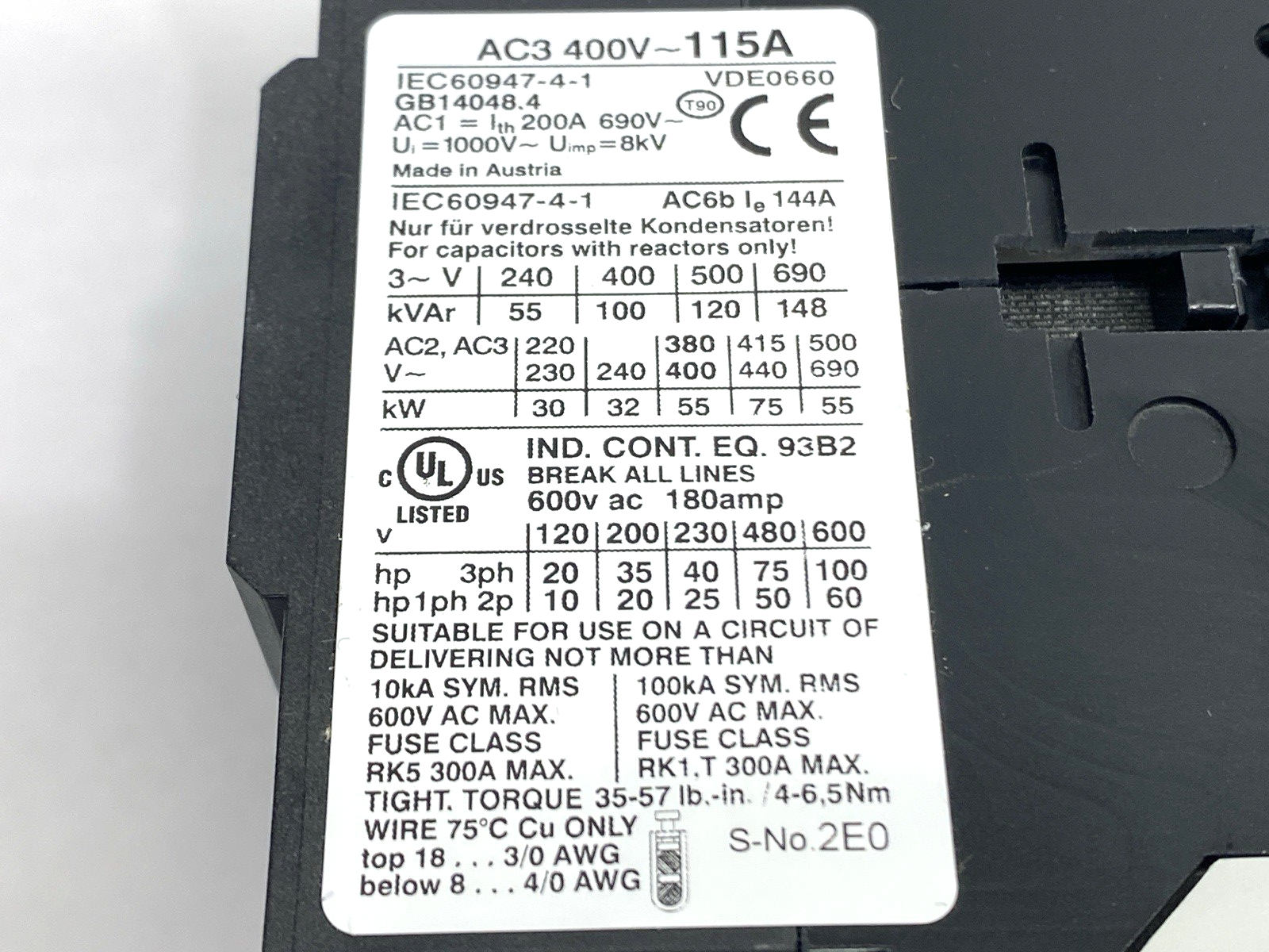 Benedict K3-115A00 24 Contactor 3-Pole 55kW 115A - Maverick Industrial Sales