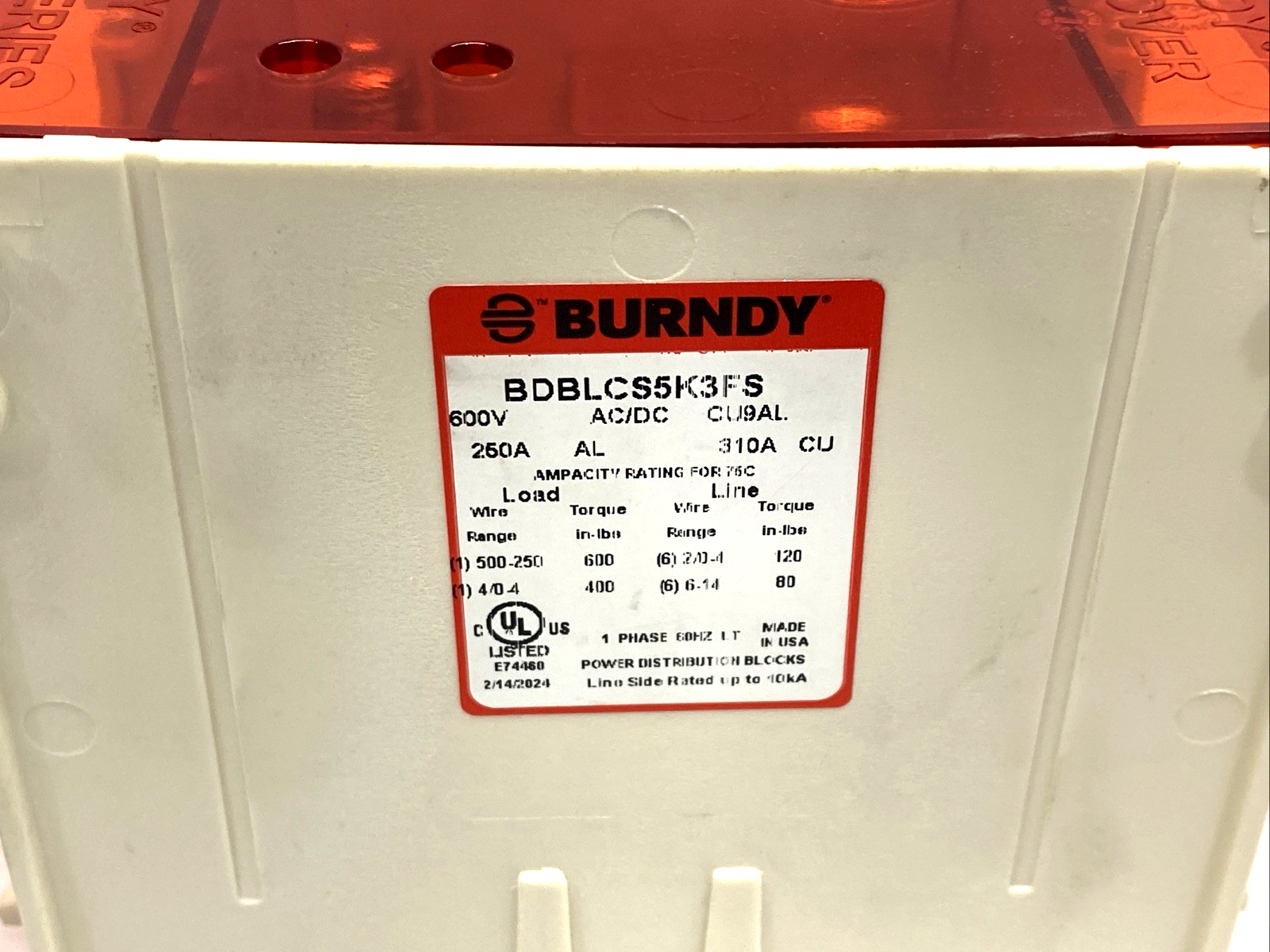BDBLCS5K3FS | Burndy 3-Pole Finger-Safe Power Distribution Block 600V 310A CU9AL - New – Open box - Maverick Industrial Sales