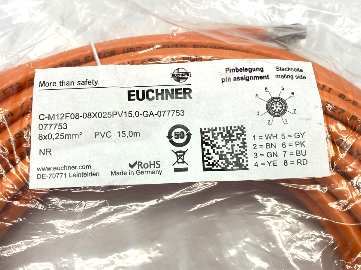C-M12F08-08X025PV15,0-GA-077753 | Euchner Connecting Cable M12 8-Pin 15m 077753 - New - Maverick Industrial Sales