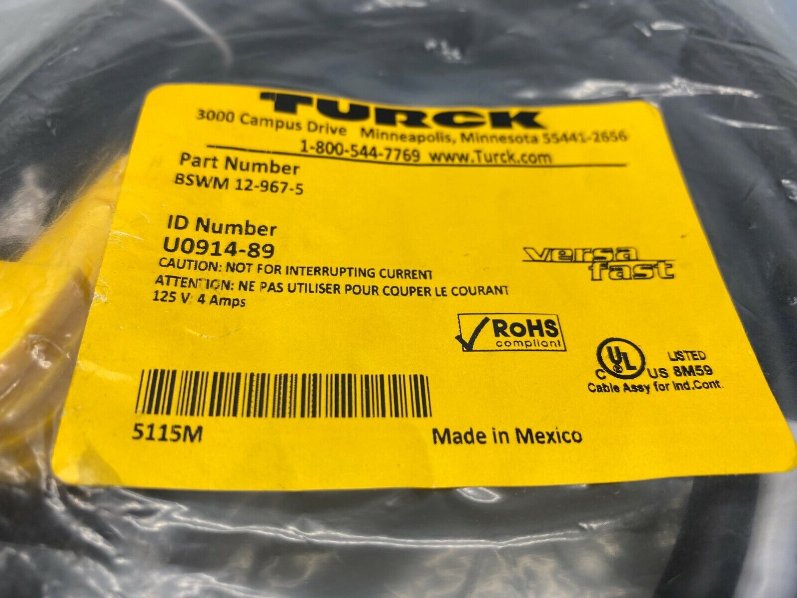 Turck BSWM 12-967-5 Versa Fast Right Angle M16 Molded Single End Cable Cordset - Maverick Industrial Sales