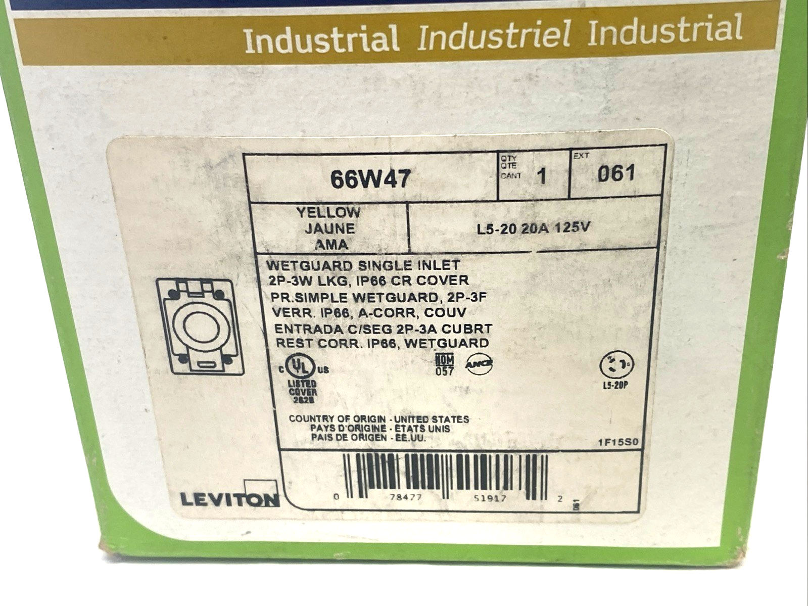 Leviton 66W47 Wetguard Watertight Locking Inlet NEMA L5-20 2P 3-Wire 20 A 125V - Maverick Industrial Sales