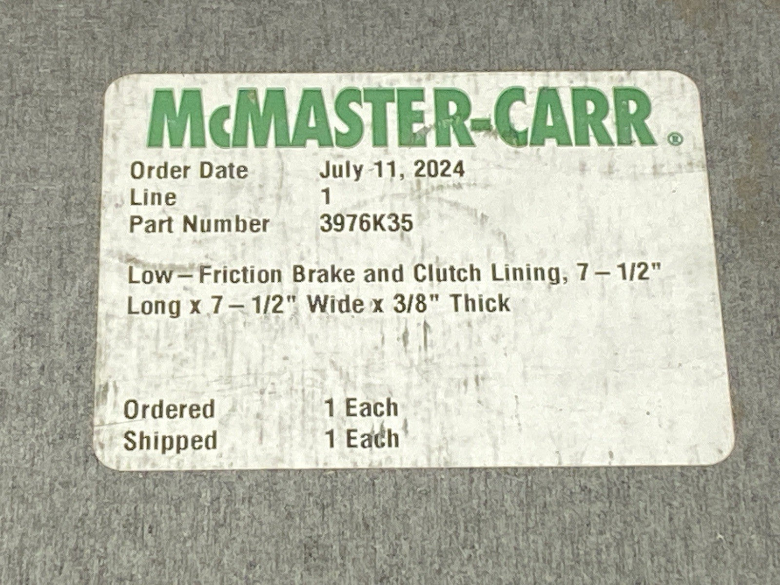 3976K35 Low-Friction Brake And Clutch Lining 3/8" Thick - Maverick Industrial Sales
