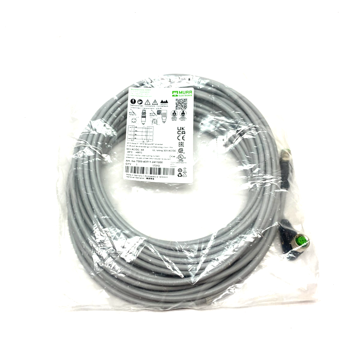 Murrelektronik 7000-40511-2411500 Cordset M12 male 0° / M12 female 90° A-cod. - Maverick Industrial Sales