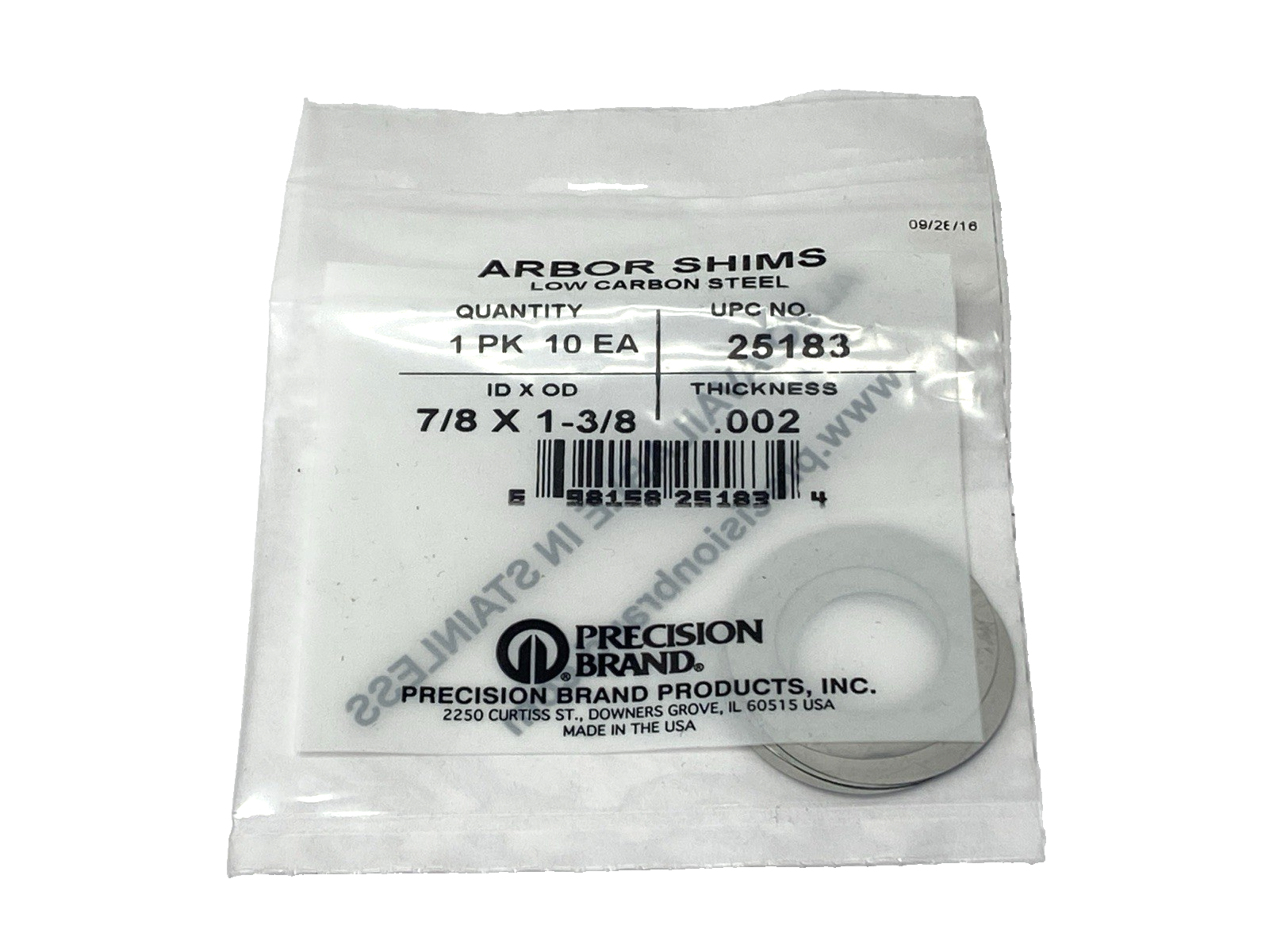 Precision Brand 25183 Arbor Shims 7/8" ID x 1-3/8" OD .002 Thickness LOT OF 10 - Maverick Industrial Sales