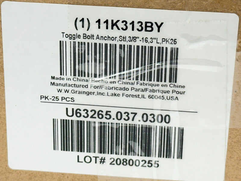 11K313BY Toggle Bolt Anchor Steel 3/8"-16 3" Length BOX OF 25 - Maverick Industrial Sales