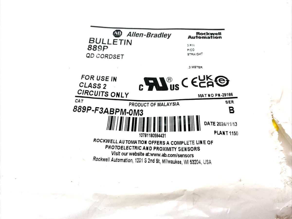 Allen Bradley 889P-F3ABPM-0M3 Ser. B Double Ended Pico Connection Cable - Maverick Industrial Sales