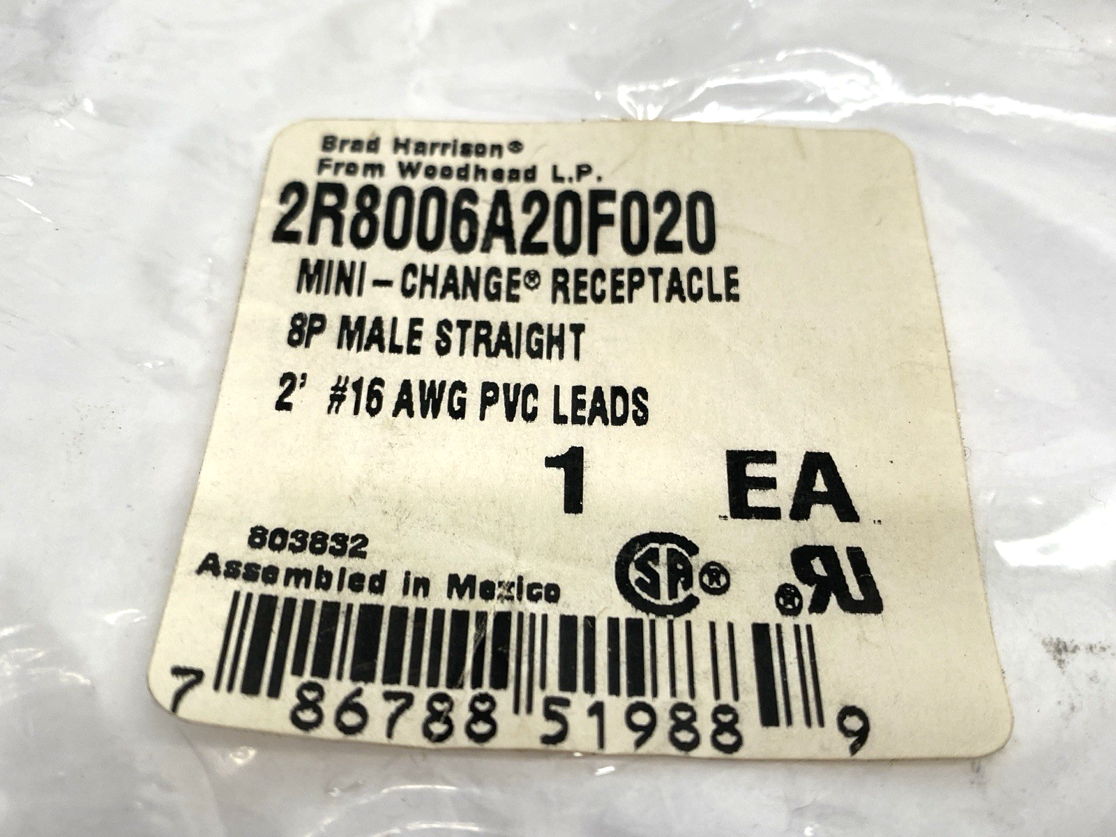 Brad Harrison Woodhead 2R8006A20F020 Mini-Change Receptacle 8P Male Straight 2' - Maverick Industrial Sales
