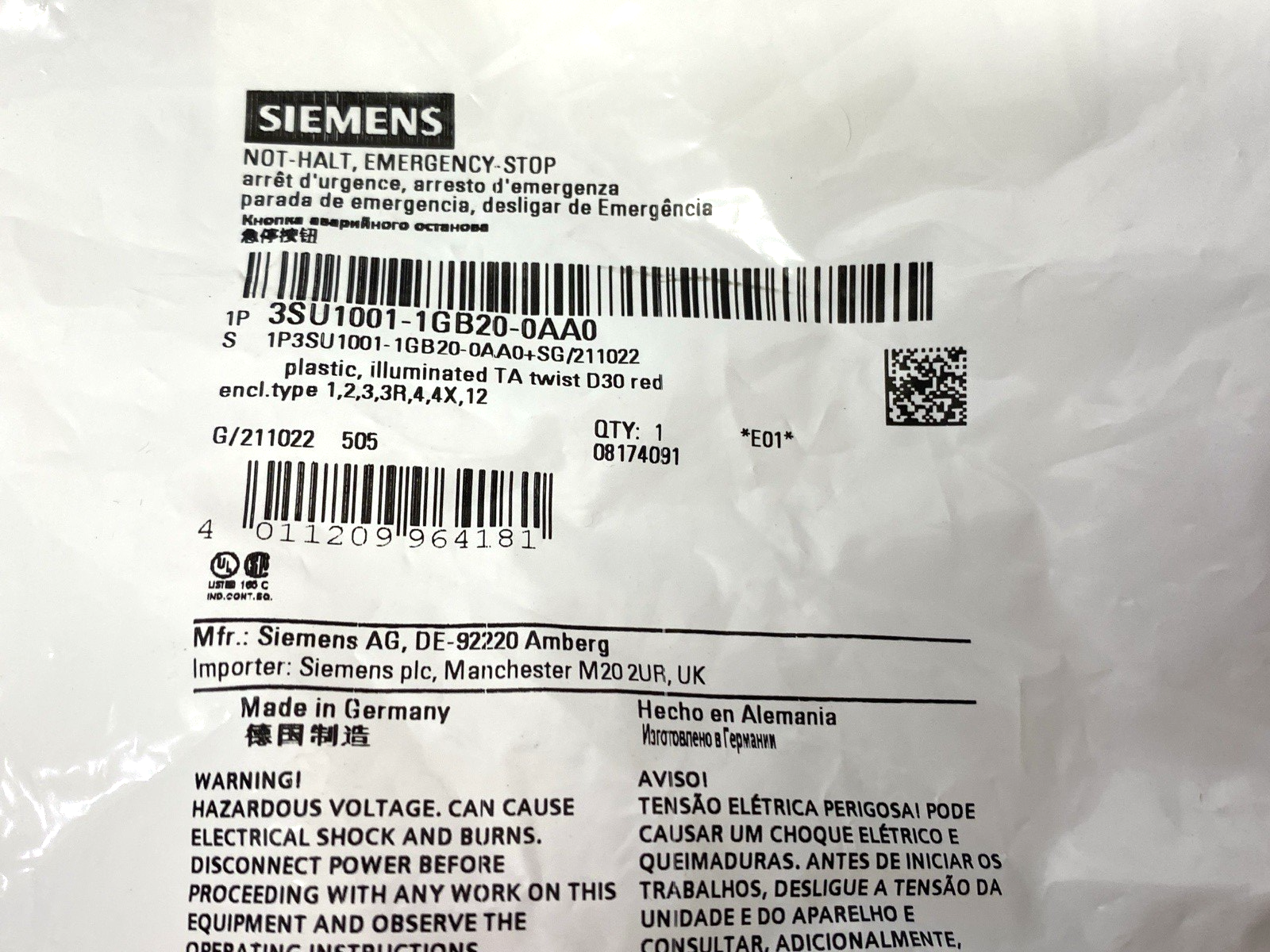 Siemens 3SU1001-1GB20-0AA0 Illuminable Emergency Stop Mushroom Pushbutton 30mm - Maverick Industrial Sales