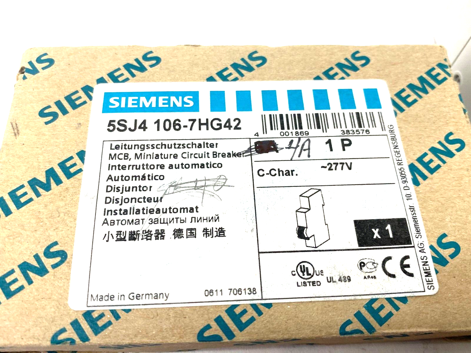 Siemens 5SJ4 106-7HG42 Miniature Circuit Breaker 4A 1-Pole 277V - Maverick Industrial Sales