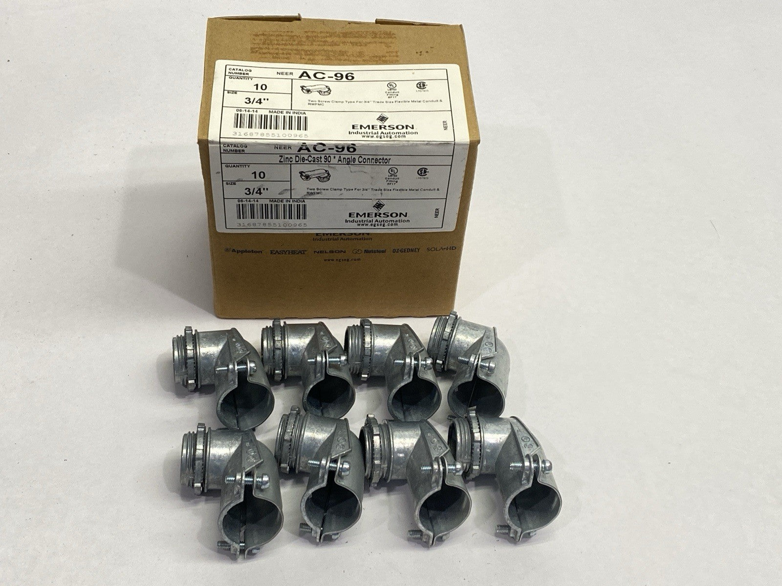 Emerson AC-96 Zinc Die-Cast 90 Degree Angle Connector 3/4" LOT OF 8 - Maverick Industrial Sales