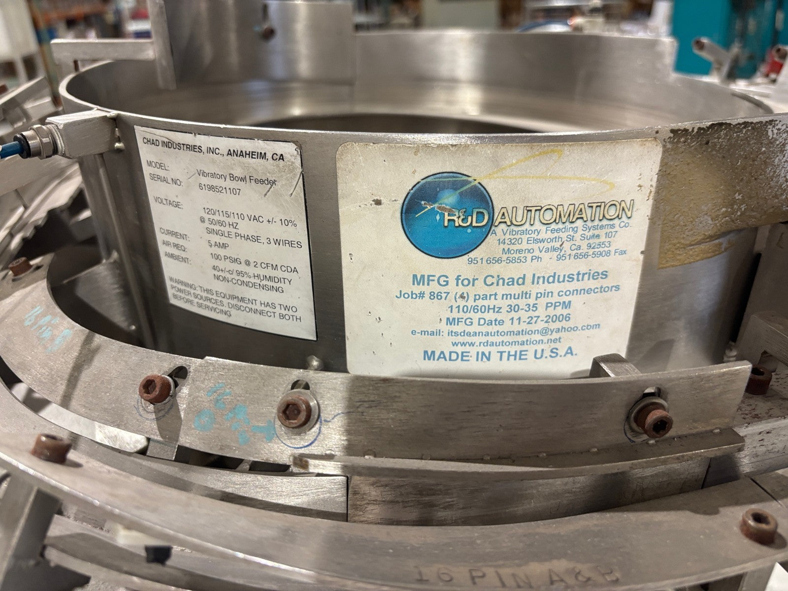 20" | Chad Industries Custom Vibratory Bowl Feeder, Rodix Feeder Cube Control, 22" - Used - Maverick Industrial Sales