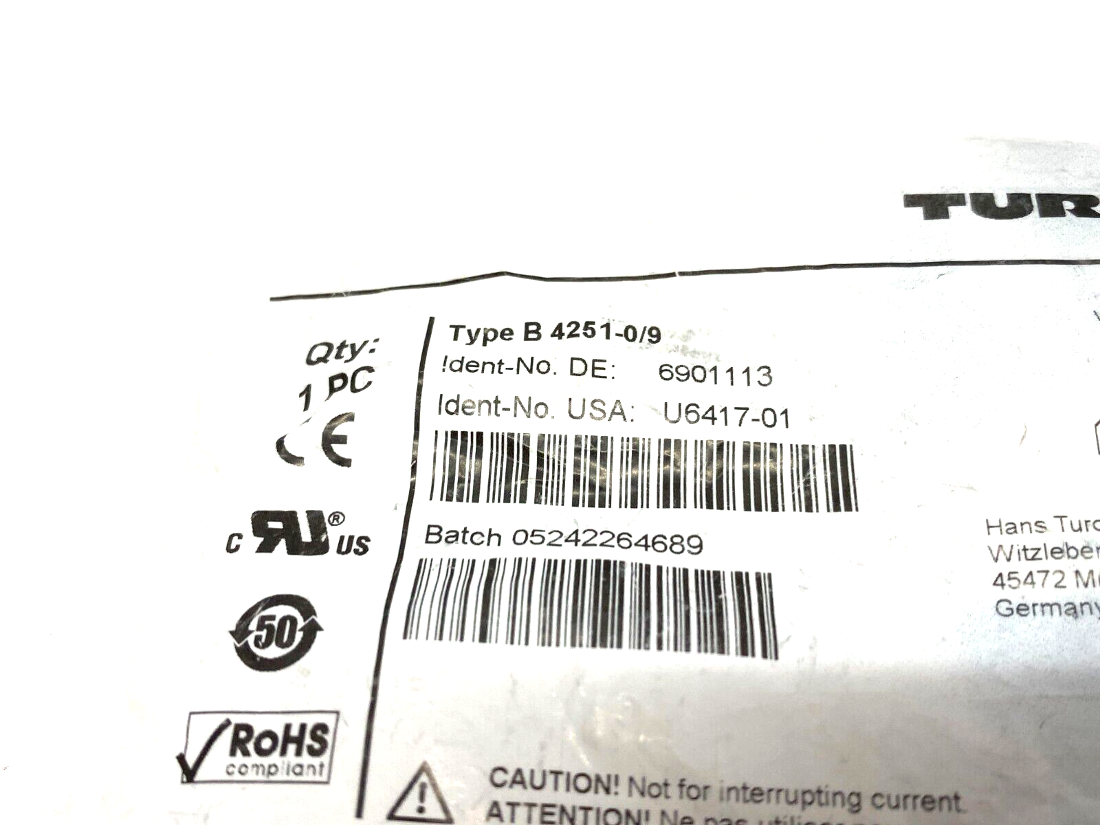 Turck B 4251-0/9 Field Wireable Connector Male 7/8" Straight 5-Pin, U6417-01 - Maverick Industrial Sales
