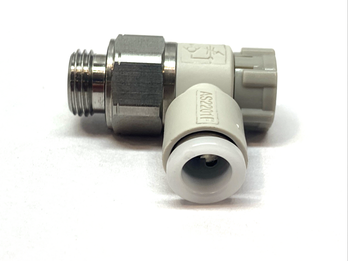 AS2201FG-G01-06A | SMC Pneumatic Speed Flow Control Valve, Elbow, 1/8" - New – Open box - Maverick Industrial Sales