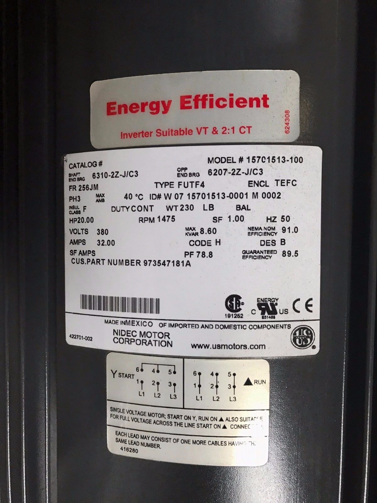 Nidec 15701513-100 Industrial Electric Motor 20HP 380V 1475RPM 32A 973547181A - Maverick Industrial Sales