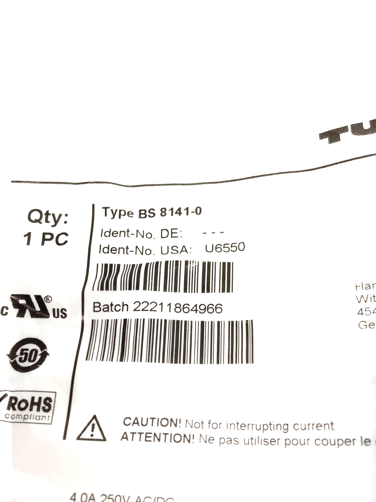 Turck BS 8141-0 Field Wireable Connector M12 4-Pin Male U6550 - Maverick Industrial Sales