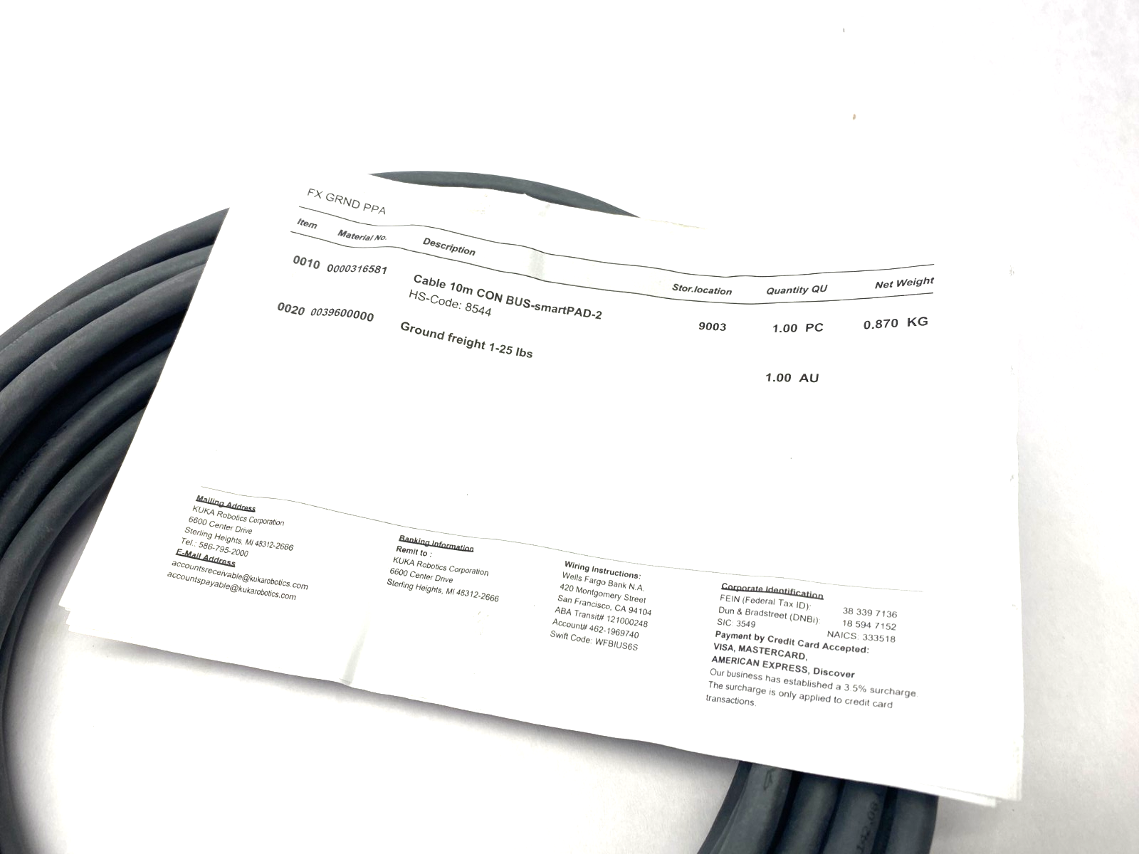Kuka 316581 smartPAD Pendant Extension Cable 10m Length 00-316-581 - Maverick Industrial Sales