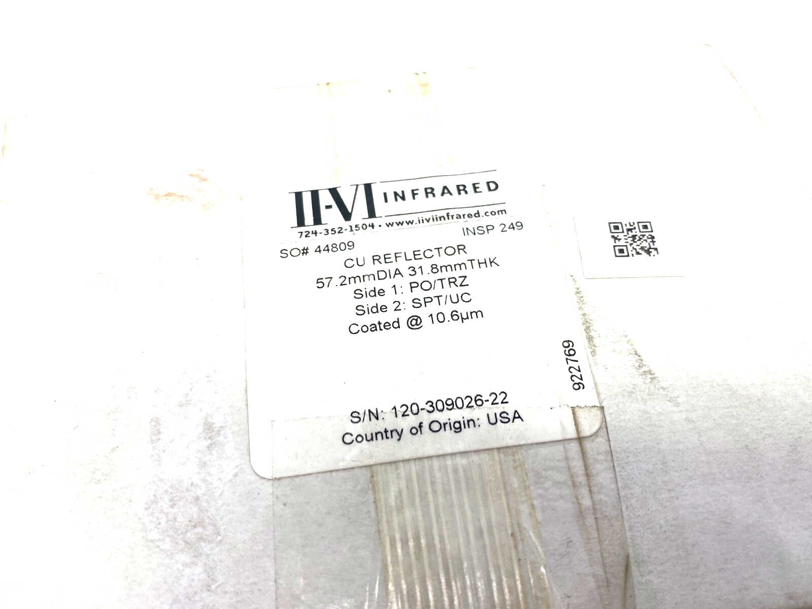 II-VI Infrared 922769 CU Reflector 57.2mm Dia. 31.8mm Thick PO/TRZ, SPT/UC - Maverick Industrial Sales