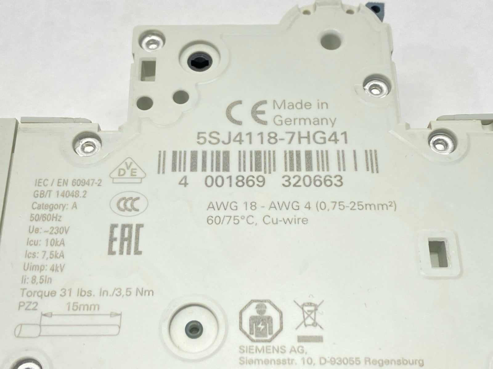 5SJ4118-7HG41 | Siemens Miniature Circuit Breaker 15A 240V w/ 5ST3010-0HG Switch - Used - Maverick Industrial Sales