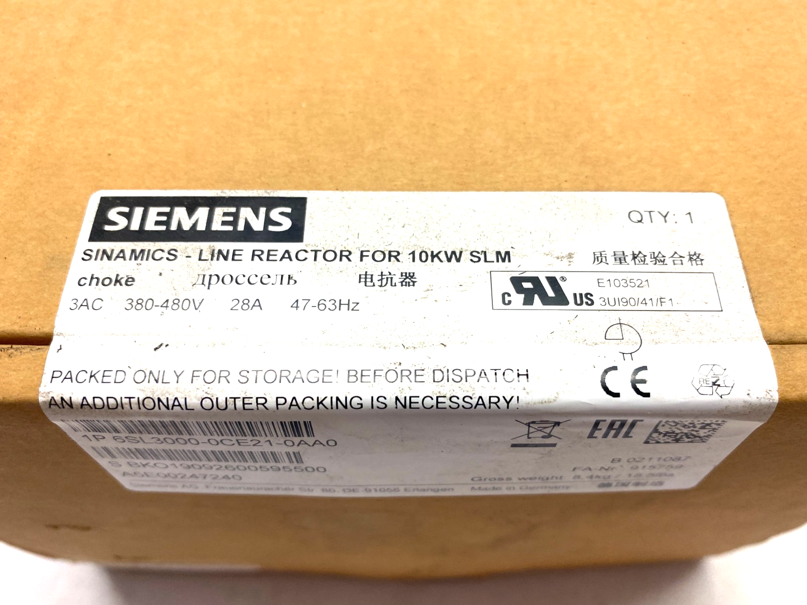 Siemens 6SL3000-0CE21-0AA0 SINAMICS Line Reactor, 480V 10kW - Maverick Industrial Sales