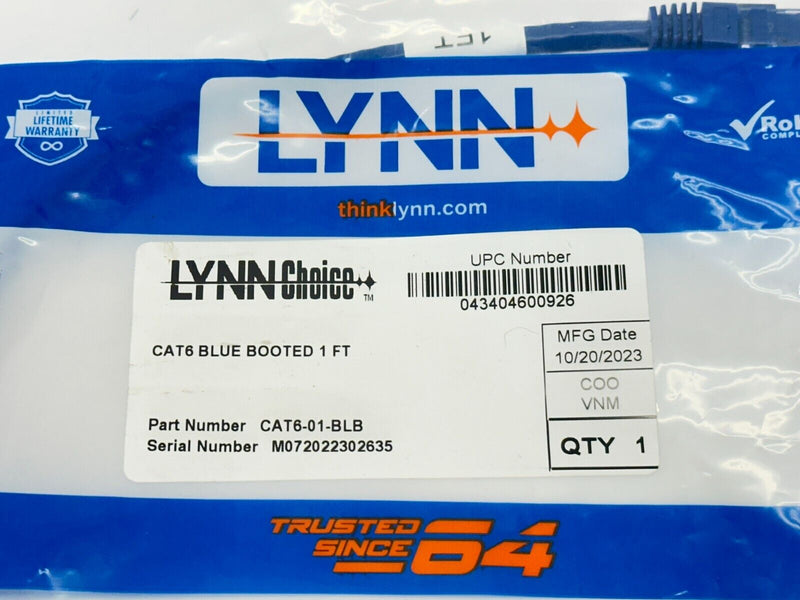 Lynn CAT6-01-BLB Cat6 Blue Booted Patch Cable 1ft LOT OF 5 - Maverick Industrial Sales