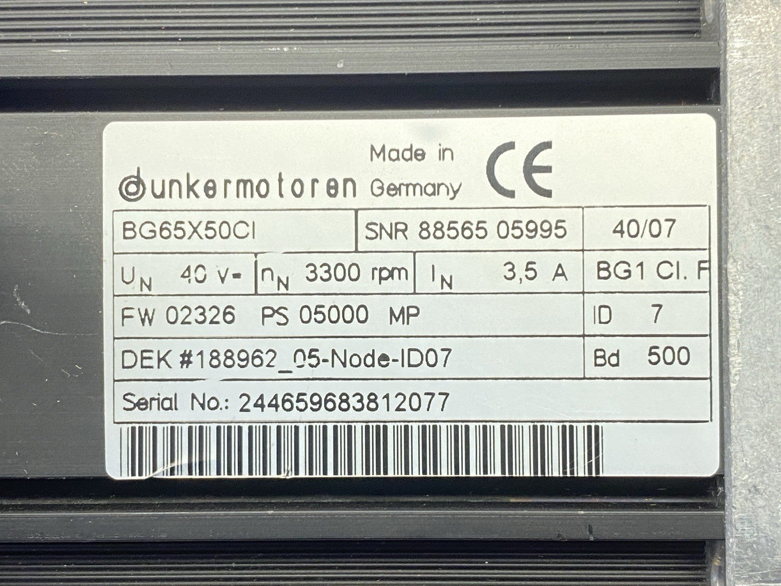 Dunkermotoren BG 65X50CI Motor 3300rpm 3.5A 40V w/ PLG52 28.125:1 800Ncm - Maverick Industrial Sales