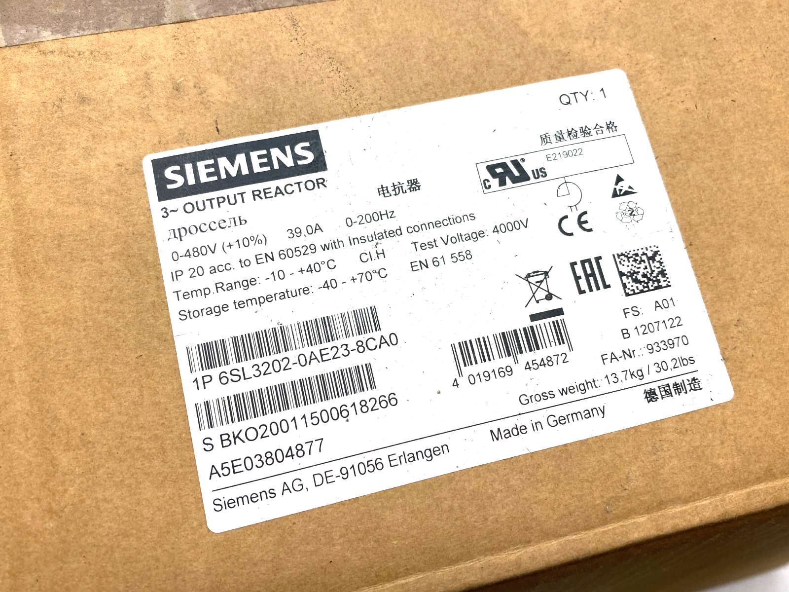 Siemens 6SL3202-0AE23-8CA0 SINAMICS Output Reactor 380-480V - Maverick Industrial Sales