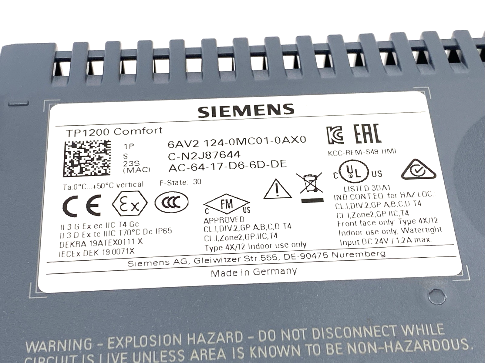 Siemens 6AV2124-0MC01-0AX0 SIMATIC HMI TP1200 Comfort Panel 12" SCRATCHED SCREEN - Maverick Industrial Sales