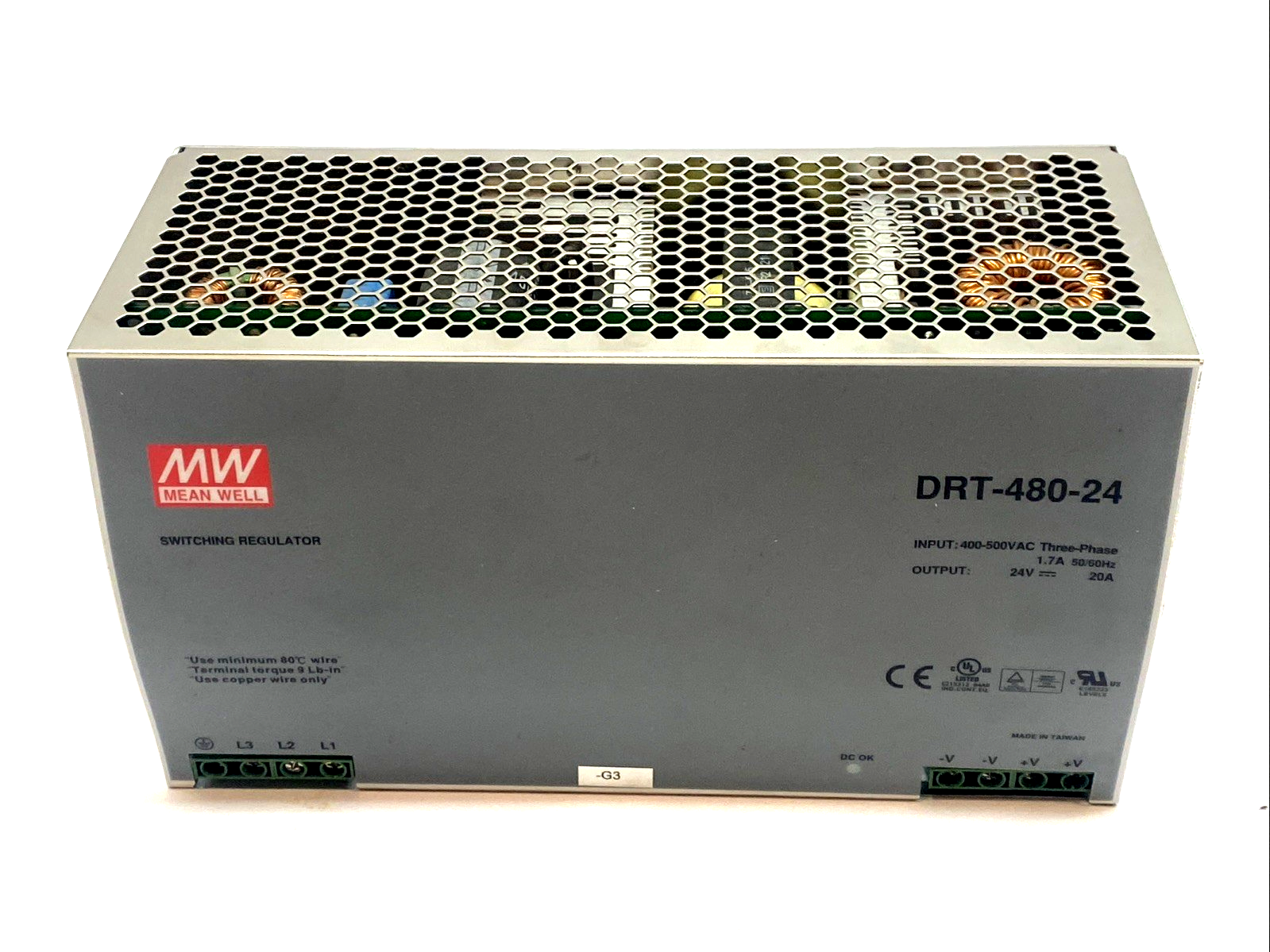 Mean Well DRT-480-24 Power Supply DIN Rail 24VDC 20A 3-Phase - Maverick Industrial Sales