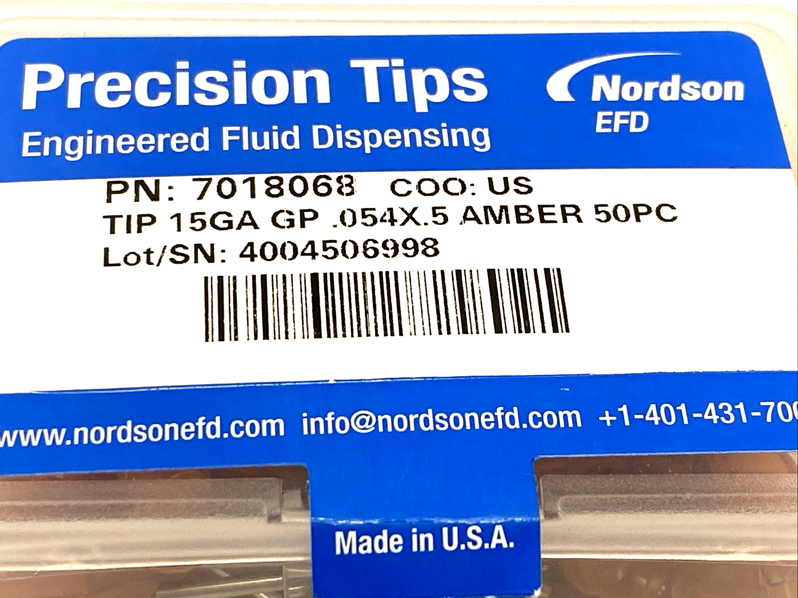 Nordson EFD 7018068 Precision Dispense Tip 15GA GP 0.054" x 0.5" Amber 50-PACK - Maverick Industrial Sales
