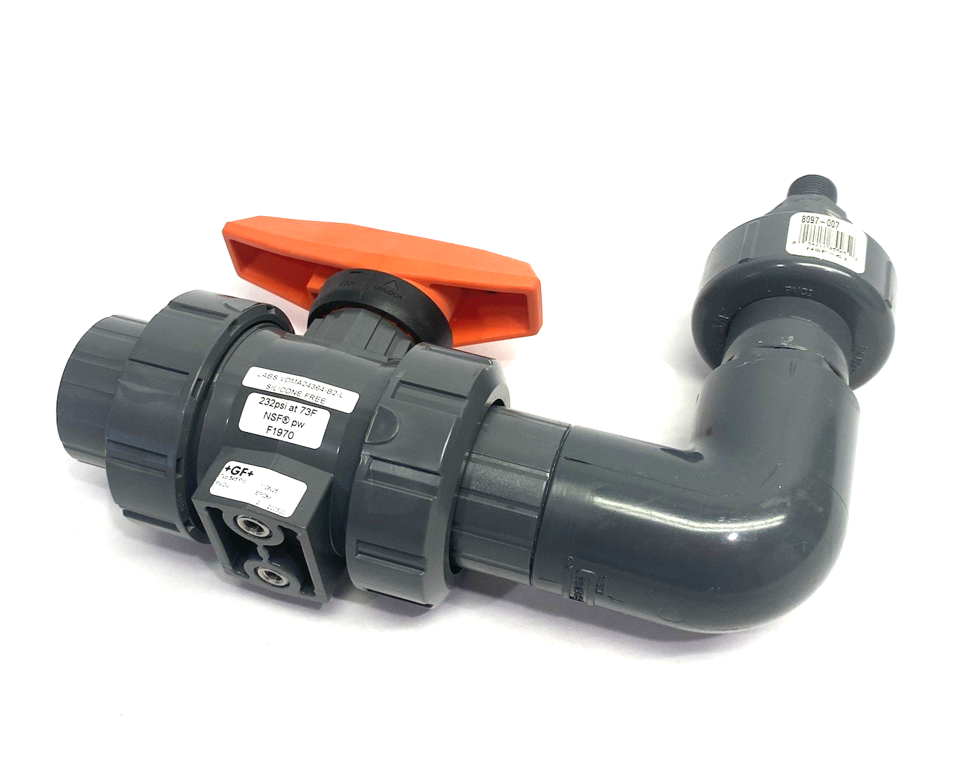 161546244 | Georg Fischer Typ 546 Pro Ball Valve PVC-U, 1" Socket Ends, to Rt Angle Adapter - New – Open box - Maverick Industrial Sales