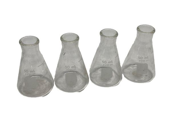 Pyrex 4980-50 50mL Narrow Mouth Erlenmeyer Flasks with Heavy Duty Rim LOT OF 4