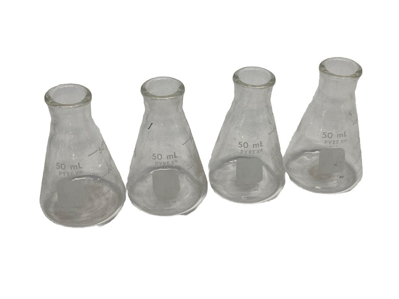 Pyrex 4980-50 50mL Narrow Mouth Erlenmeyer Flasks with Heavy Duty Rim LOT OF 4 - Maverick Industrial Sales