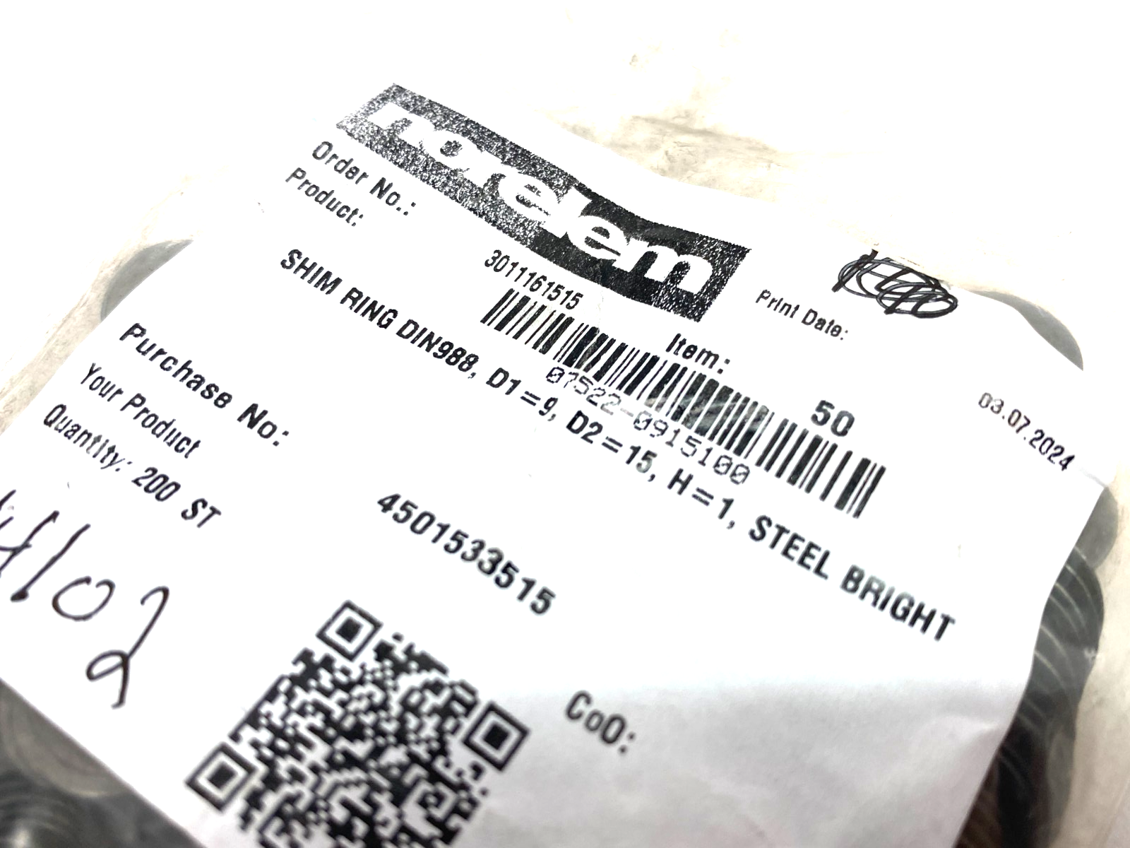 07522-0915100 | Norelem Shim Ring DIN988, D1=9, D2=15, H=1, PKG OF 200 - New - Maverick Industrial Sales