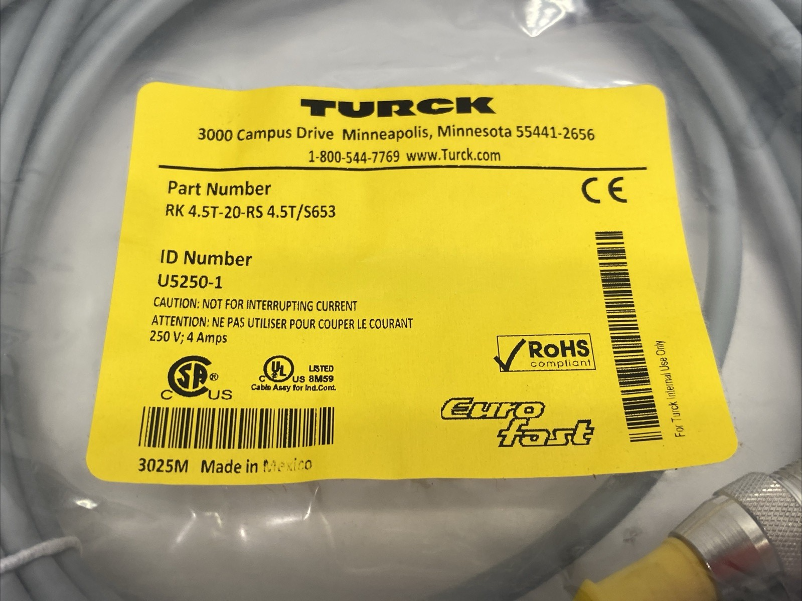 RK 4.5T-20-RS 4.5T/S653 | Turck Eurofast Double Ended Connection Cable U5250-1 - New - Maverick Industrial Sales