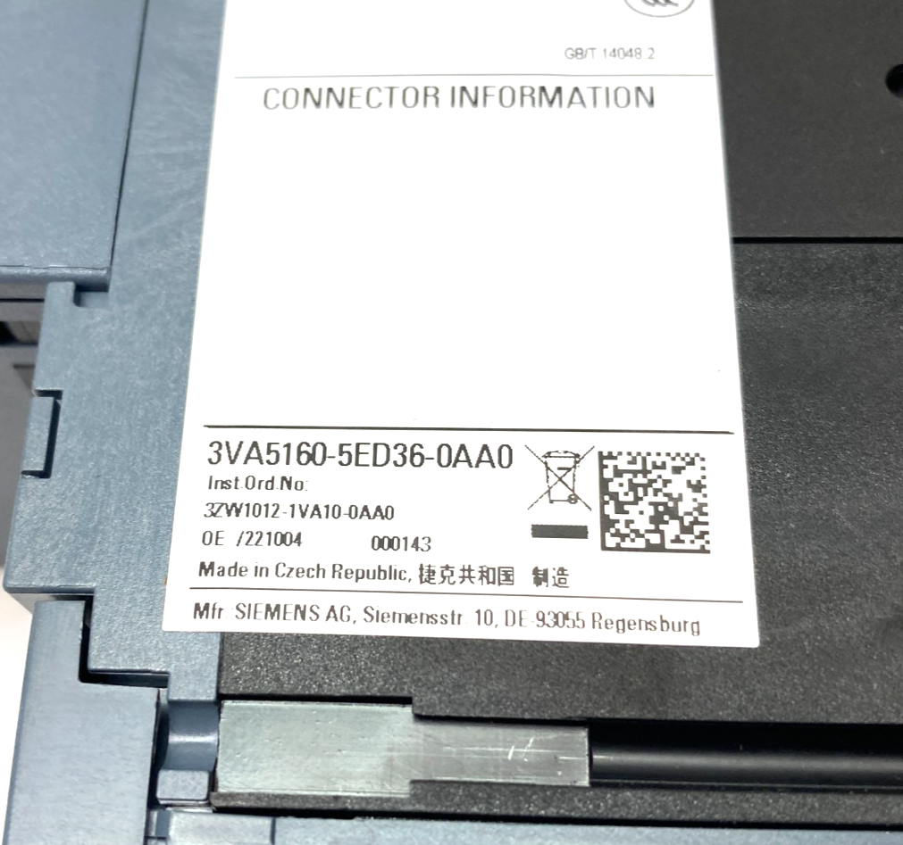 Siemens 3VA5160-5ED36-0AA0 Circuit Breaker 3-Pole w/ 3VA9137-0FK37 Accessory - Maverick Industrial Sales