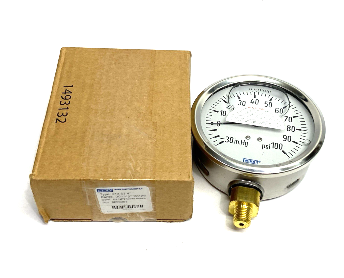 Wika 9699061 Liquid Filled Hydraulic Gauge 100 psi, 4" Face Dia, Lower Mount - Maverick Industrial Sales
