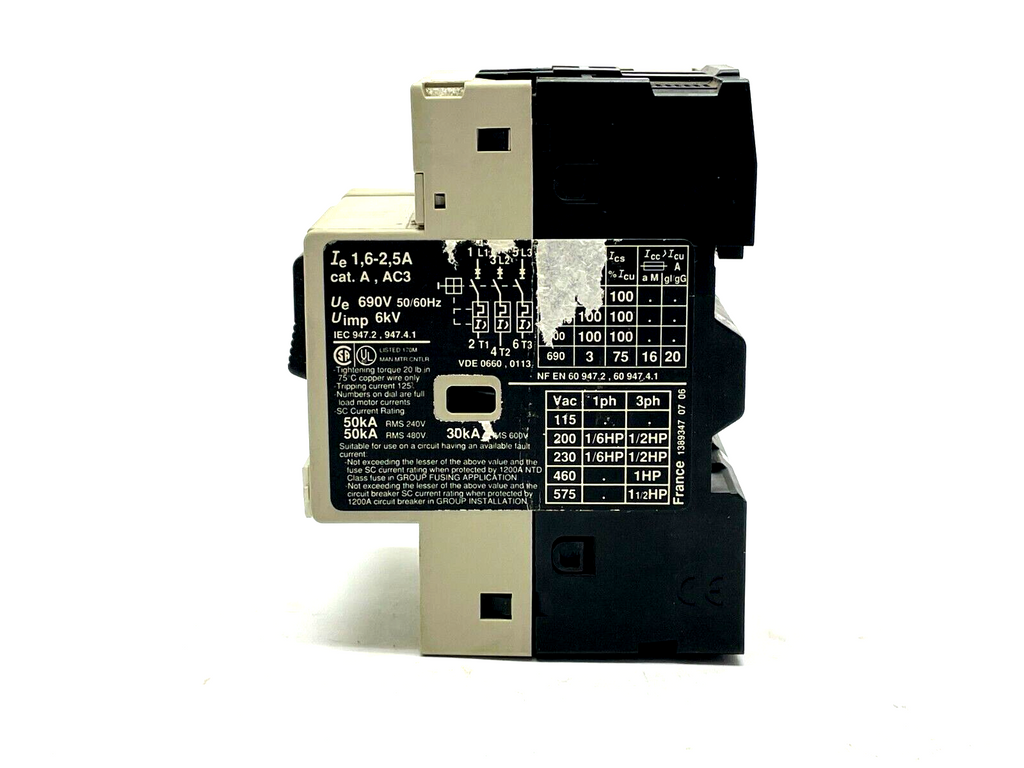 Telemecanique GV2-M07 Motor Circuit Breaker 1.6-2.5A w/ GV2-AN11 Auxiliary Block - Maverick Industrial Sales