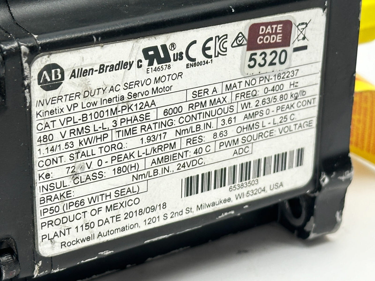 VPL-B0632F-PK12AA | Allen Bradley VPL-B1001M-PK12AA Kinetix VP AC Servo Motor 6000RPM 1.53 HP - For parts or not working - Maverick Industrial Sales