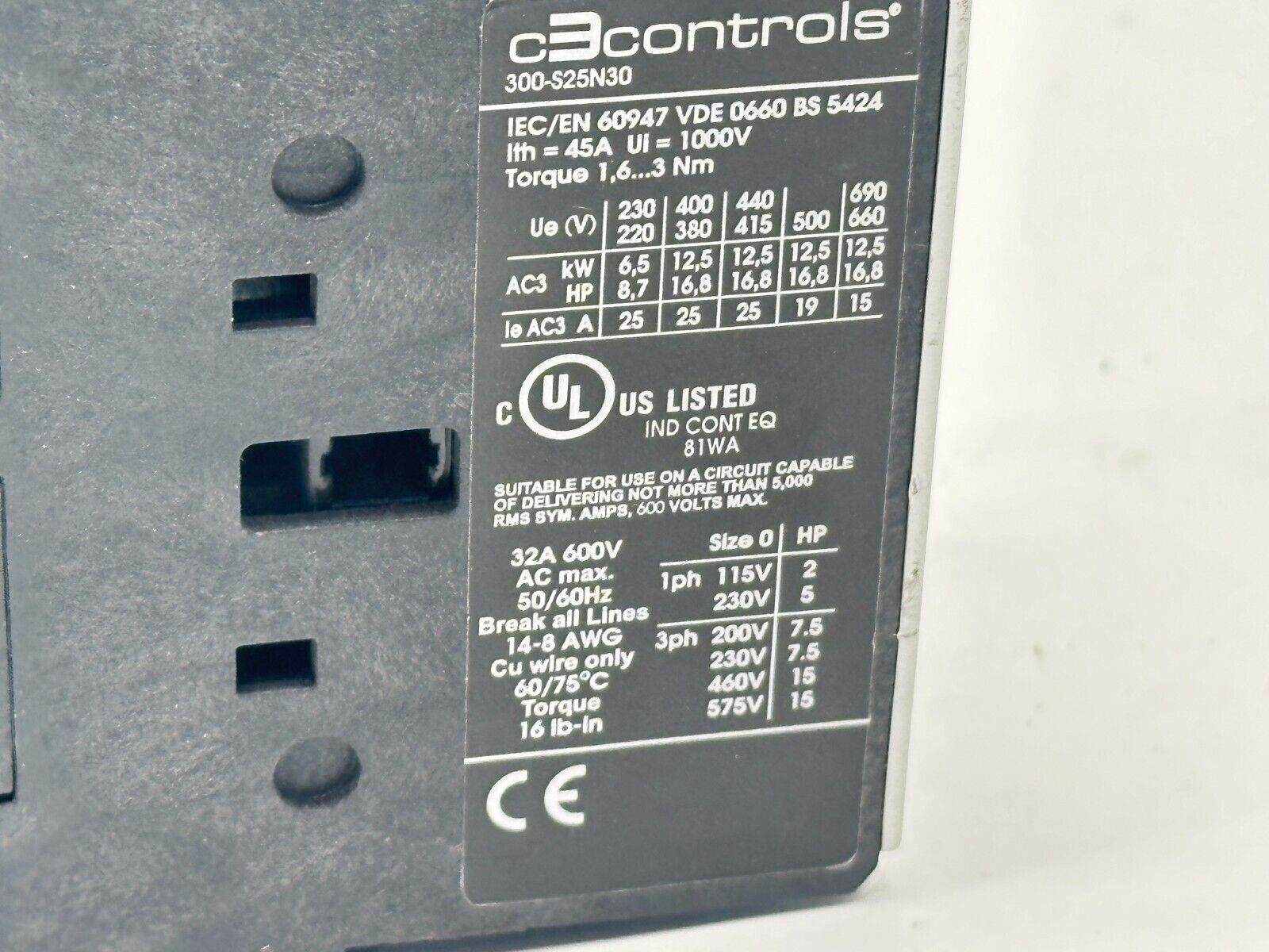 C3 Controls 300-S25N30ZC01 Contactor 32A 600V 24VDC Coil - Maverick Industrial Sales