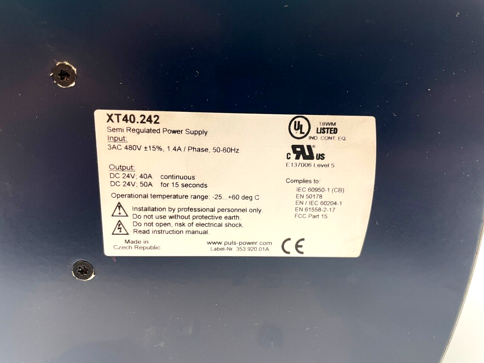 Puls Dimension XT40.242 Semi Regulated Power Supply, 24V, 40A Output, 3AC 480V - Maverick Industrial Sales
