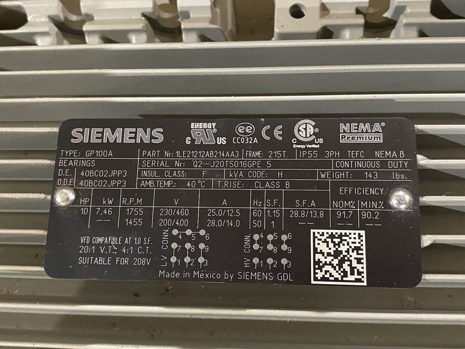 1LE21212AB214AA3 | Siemens 1LE2121-2AB21-4AA3 NEMA Premium® AC Motor 10HP Type GP100A 3-Phase - New – Open box - Maverick Industrial Sales