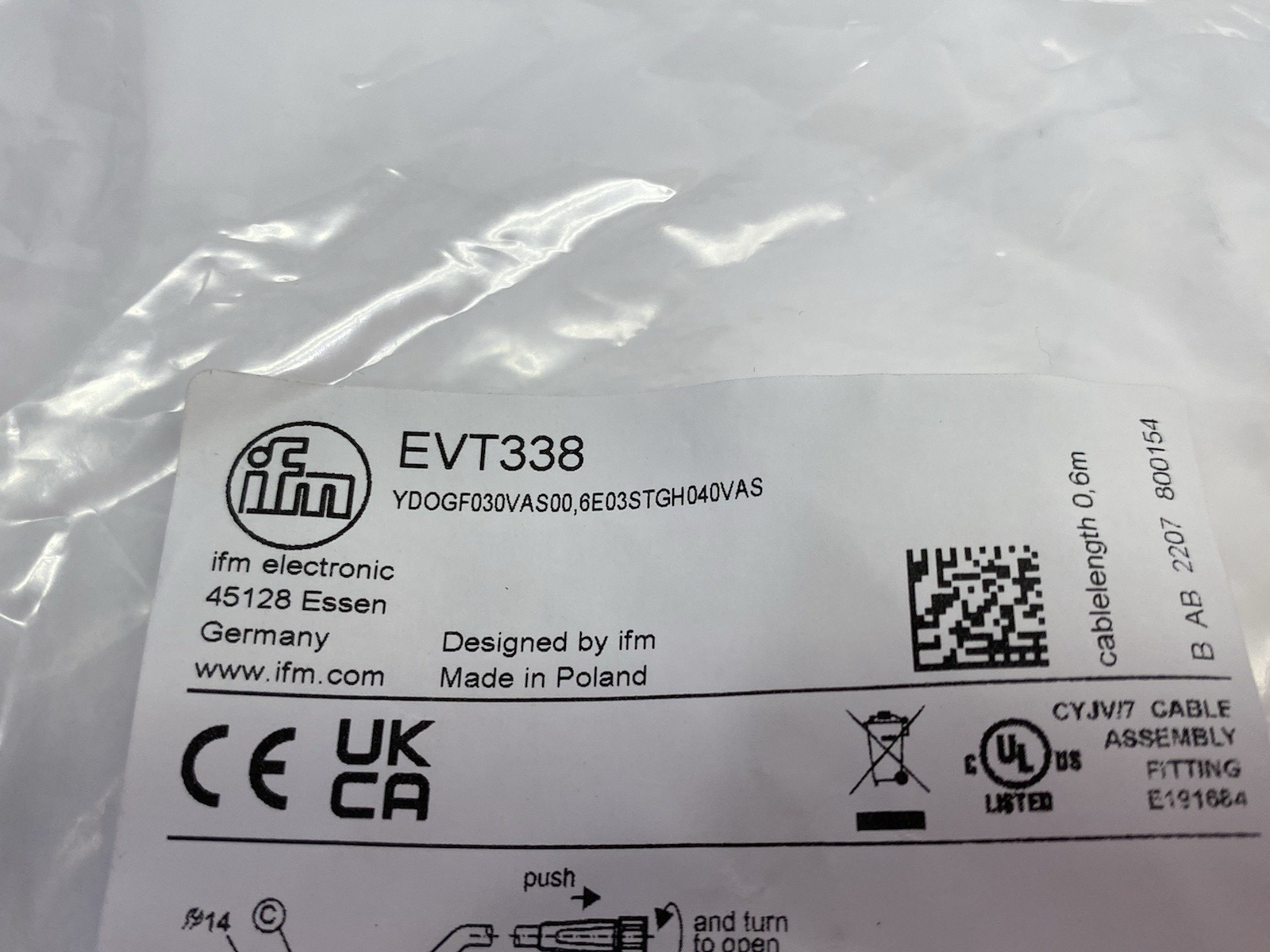 EVT338 | ifm A-Coded Y-Connection Cable YDOGF030VAS00,6E03STGH040VAS - New - Maverick Industrial Sales