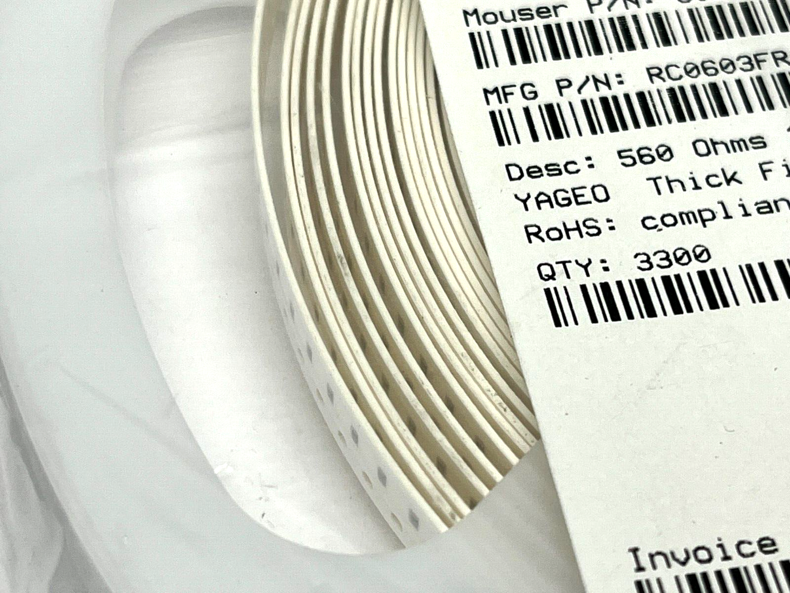Yageo RC0603FR-07560RL Chip Resistor 560 Ohms ±1% 0.1W 1/10W LOT OF 3300 - Maverick Industrial Sales