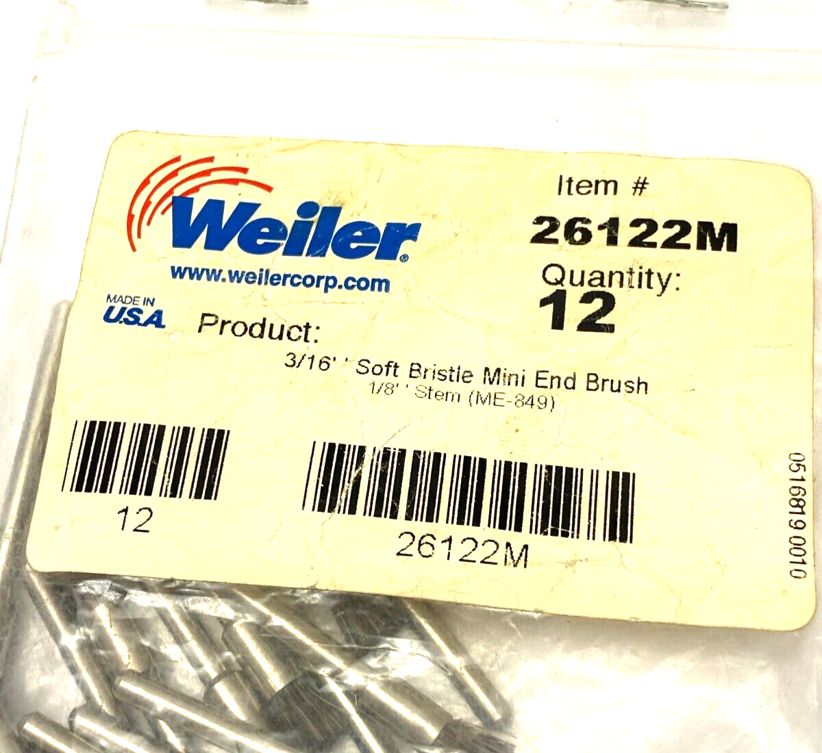 Weiler 26122 3/16" Miniature End Brush Soft Hair Fill 1/8" Stem PKG OF 40 - Maverick Industrial Sales