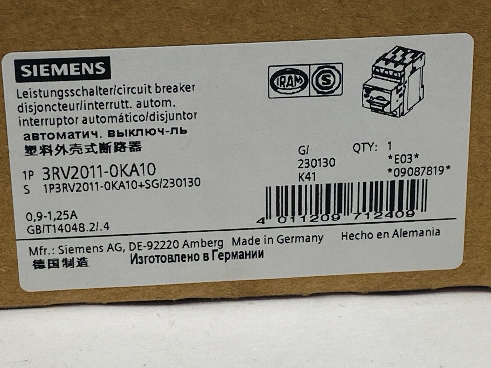 Siemens 3RV2011-0KA10 Circuit Breaker Class 10 0.9-1.25A 3-Pole - Maverick Industrial Sales