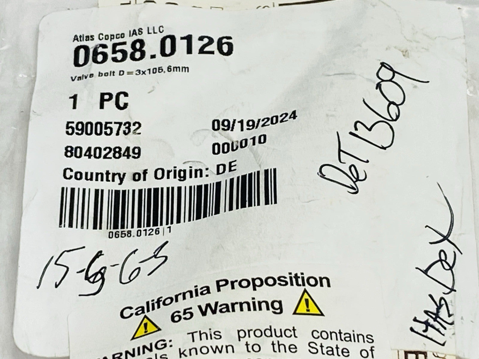 Atlas Copco 658.0126 Valve Bolt D=3x105,6mm - Maverick Industrial Sales