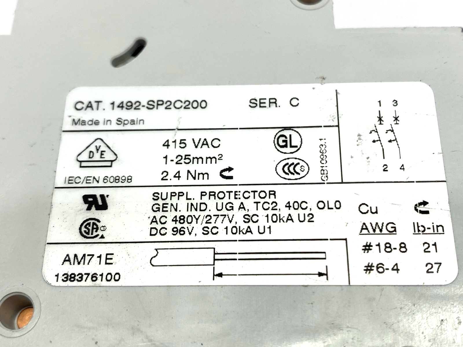 Allen Bradley 1492-SP2C200 Ser. C Circuit Breaker 20A MISSING DIN RAIL LATCH - Maverick Industrial Sales